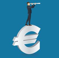 businessman looks through a telescope standing on Euro icon vector