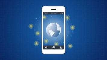 Smart phone screen with Global network connection background. vector