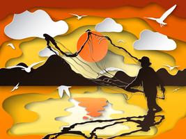 Silhouette of man catching the fish in twilight on paper cutting art. vector