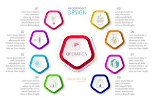 Pentágonos etiqueta infografía con 9 pasos. vector