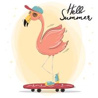 cute pink flamingo wear cap and sun glasses skateboarding, summer time character vector