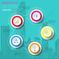 Five circles with business icon infographics on silhouette town. vector