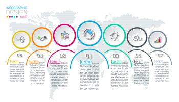 Seven circles with business icon infographics on world map background. vector