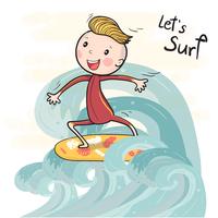 cute character vector surf boy on surfboard floating on big wave