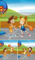 Escenas con chicas jugando al baloncesto en las canchas vector