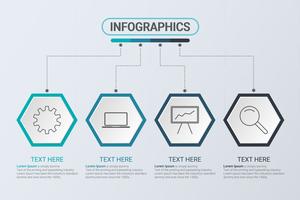 Infografía de cuatro pasos. Estrategia de flujo de trabajo o trabajo en equipo. Plantilla hexagonal de negocios con opciones para folleto, diagrama, flujo de trabajo, línea de tiempo, diseño web vector