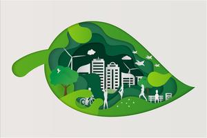 Salvar el concepto del mundo planeta tierra. Concepto del día mundial del medio ambiente. Ciudad urbana verde moderna en el globo verde del punto, concepto de la ecología. vector