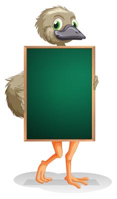 An ostrich holding an empty blackboard