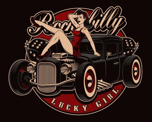 Pin up girl with classic hot rod.