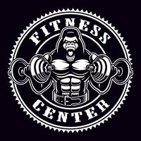 Vintage round badge of a gorilla bodybuilder with dumbbells. vector