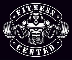 Black and white badge of a gorilla bodybuilder with barbell vector