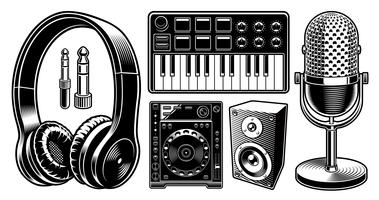 Set of black and white dj illustrations on the white background. vector