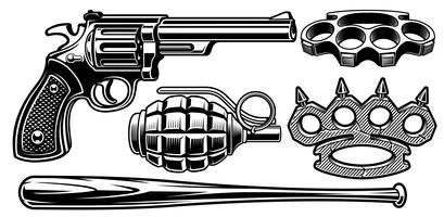 Set of black and white illustrations of different weapons. vector