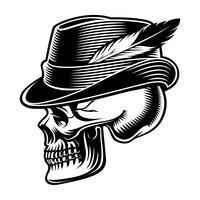 Vector illustration of a skull in hat with feather.