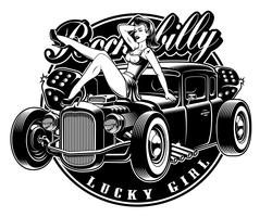 Pin up chica con hot rod. vector