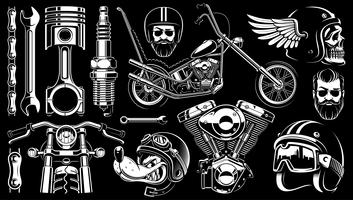 Motorcycle clipart with 14 elements on dark background. vector