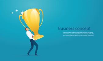 businessman lift the big gold trophy up.  vector