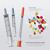Conjunto de drogas con agujas de inyección realista ilustración vectorial