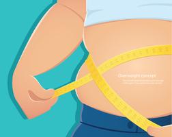 overweight, fat person use scale to measure his waistline with blue background
