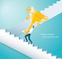 man holding the gold trophy climbing  stairs to success vector