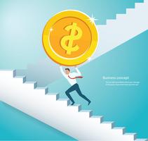 man holding the big gold coin climbing  stairs to success vector