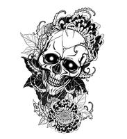 Calavera con tatuaje de crisantemo dibujo a mano. vector