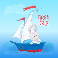 Poster cute little hare floats on a boat. Cartoon style. Vector