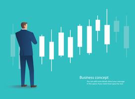 empresario de pie con el fondo del gráfico de velas, concepto de bolsa, ilustración vectorial vector