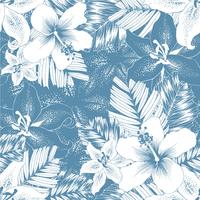 Sin fisuras patrón botánico lilly blanco, flores de hibisco sobre fondo abstracto azul. Ilustración de vector mano drawning doodle.Para el diseño de papel tapiz usado, tela textil o papel de regalo