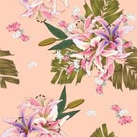 Sin fisuras patrón Lilly, flores silvestres, hojas de palma verdes sobre fondo rosa pastel. Ilustración vectorial dibujo a mano. Para el diseño de papel tapiz usado, tela textil o papel de regalo