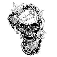 Calavera con tatuaje de crisantemo dibujo a mano. vector