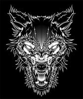 Vector ilustración cabeza feroz lobo, silueta de contorno sobre un fondo negro