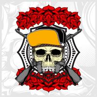 skull wearing hat and weapon with rose vector