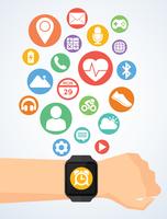 Hand with smartwatch and application icons on smartwatch vector