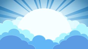 Colorful blue sky background with clouds and sun with rays vector