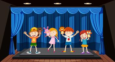 Children play hand puppet on stage vector