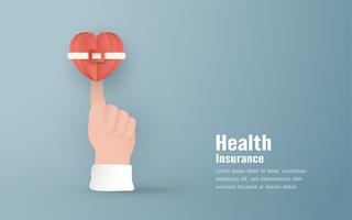 Vector illustration in concept of health insurance. Template design is on pastel blue background for cover, web banner, poster, slide presentation. Art Craft for kid in 3D paper cut style.