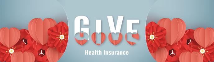 Vector illustration in concept of health insurance. Template design is on pastel blue background in 3D paper cut style. 