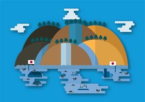 Ilustración vectorial en concepto de inundación en el país de Japón. Ora por los japoneses en la ciudad de Takatsuki. vector