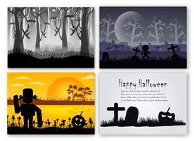 Conjunto de escena del día de halloween en octubre. Ilustración de vector en estilo de silueta con bosque, calabaza, frankenstein y hueso.