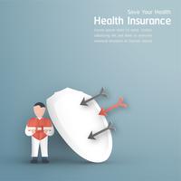 Vector illustration in concept of health insurance. Template design is on pastel blue background for cover, web banner, poster, slide presentation. Art Craft for kid in 3D paper cut style.