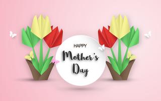 Template design for happy mother's day. Vector illustration in paper cut and craft style. Decoration background with flowers for invitation, cover, banner, advertisement.