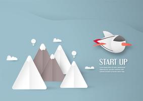 Vector illustration with start up concept in paper cut, craft and origami style. Rocket on the sky.