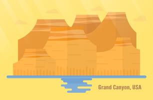 Arizona in USA landmarks for travelling with Grand Canyon National Park, mountain and water. Vector illustration with copy space and flare of light on yellow and orange background.