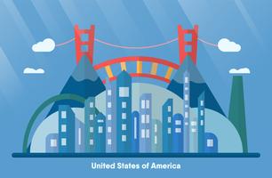 Puntos de referencia de Estados Unidos para viajar con la ciudad urbana, puerta de oro y montaña. Vector el ejemplo con el espacio de la copia y la llamarada de la luz en fondo azul.