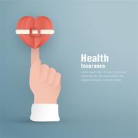 Vector illustration in concept of health insurance. Template design is on pastel blue background in 3D paper cut style. 