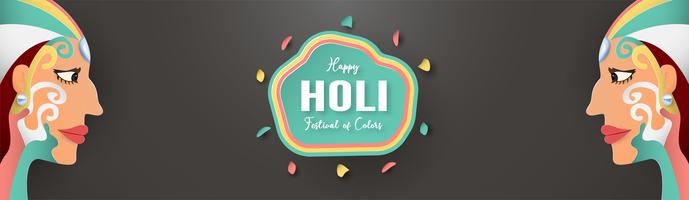 Happy Holi, Festival of Colors. Template element design for template, banner, poster, greeting card. Vector illustration in paper cut, craft, origami type with flat lay style.