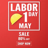 Happy Labor day on 1 May of years. Template design for banner, poster, cover, advertisement, website. Vector illustration in paper cut and craft style on red background.