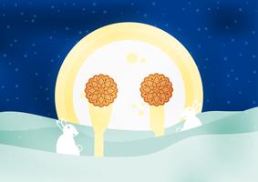 Mid Autumn Festival for Chinese people in flat design. Vector illustration on blue background with moon, rabbit,  mooncakes.