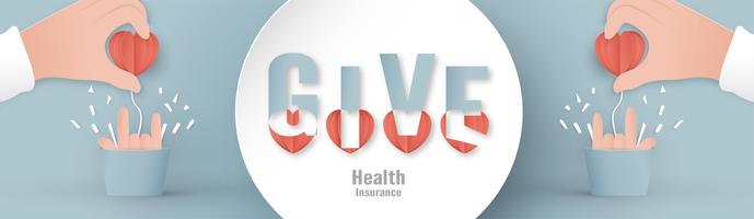 Vector illustration in concept of health insurance. Template design is on pastel blue background in 3D paper cut style. 